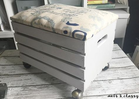 how to create a wooden crate rolling storage ottoman, how to, painted furniture, storage ideas, reupholster, woodworking projects Crate Stools, Crate Ottoman, Diy Storage Ottoman, Diy Ottoman, Rolling Storage, Storage Furniture Bedroom, Crate Storage, Wood Crates, Wooden Crates