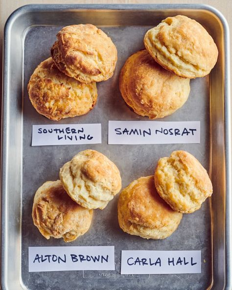 Various buttermilk biscuits coupled and labeled on baking pan; clockwise: Samin Nosrat, Carla Hall, Alton Brown, Southern Living. Rolled Buttermilk Biscuits, Alton Brown Buttermilk Biscuits, Callie’s Cinnamon Biscuits, Southern Living Buttermilk Biscuits, Divas Can Cook Buttermilk Biscuits, Best Buttermilk Biscuits, Best Biscuit Recipe, Biscuits And Gravy Casserole, Southern Biscuits