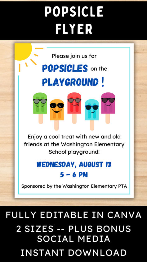 Popsicles On The Playground Flyer, Popsicles On The Playground, Fun Popsicles, Elementary School Playground, Pta Events, Playground Party, Popsicle Party, Daycare Decor, School Flyer