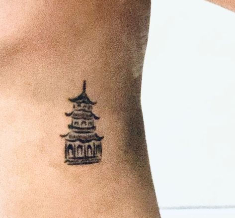 Chinese pagoda tattoo Laos Temple Tattoo, Ancient China Tattoo, Made In China Tattoo, Taiwanese Tattoo, Vietnam Tattoo Ideas, Viet Tattoo, Pagoda Tattoo, Laos Temple, China Tattoo