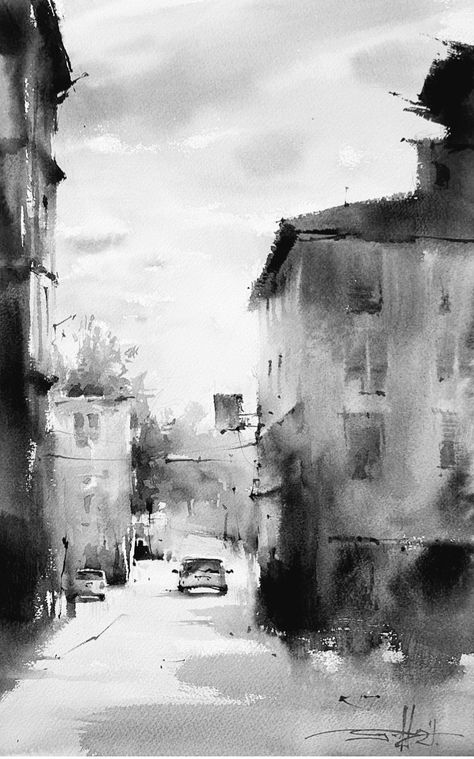 Ink And Watercolor Art Landscape, Ink Wash Art, Ink Wash Drawings, Ink Landscape Painting, Black And White Watercolour, Landscape Drawing Tutorial, Watercolor Black And White, Ink Landscape, Black And White Watercolor