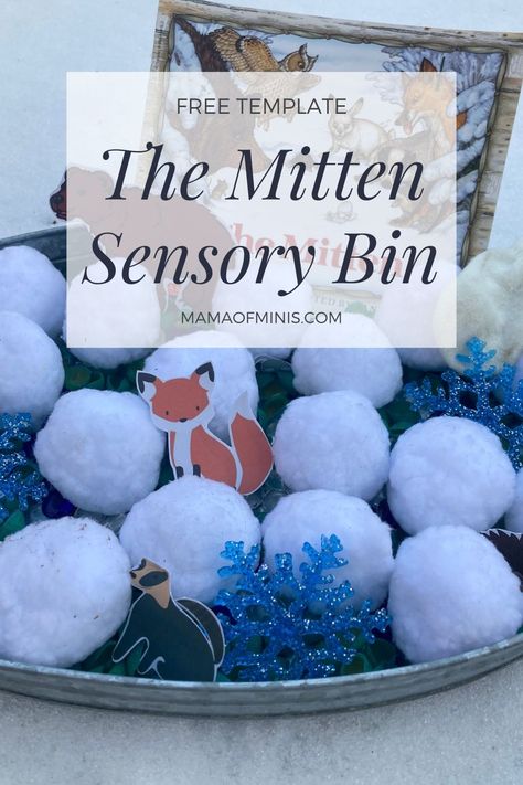 The Mitten Winter Sensory Bin - Mama of Minis The Mitten Toddler Activities, Mittens Activities For Toddlers, The Mitten Sensory Bin, Preschool Mitten Activities, The Mitten Free Printables, Book Themed Sensory Bins, Mitten Activities For Toddlers, The Mitten Book Activities Preschool, Mitten Crafts For Preschool