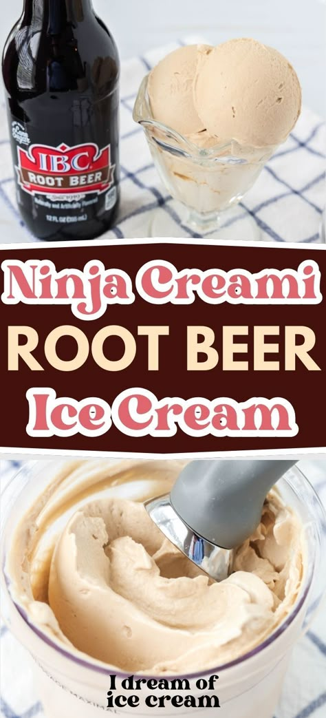 It's super easy to make this Ninja Creami root beer ice cream! You only need a couple of ingredients, but do pay attention to the special tips for ensuring your root beer doesn't explode in the freezer! The result is a rich and creamy treat, reminiscent of a root beer float or cream soda. So delicious! Ninja Creami Root Beer Ice Cream, Ninja Creami Ice Cream Recipes Dole Whip, Cremini Ice Cream Recipes, Jello Ice Cream Recipes, Ice Cream Add Ins, Ninja Creami Ice Cream Recipes Low Carb, Root Beer Ice Cream Recipe, Ninja Creami Coffee Ice Cream Recipe, Easy Recipes Ninja Creami