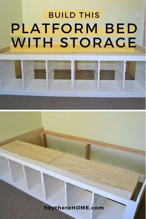 Step-by-step tutorial for this DIY platform bed with storage for all your kid's toys. We created this diy storage bed using IKEA shelves and a little DIY. Build Your Own Bed Frame With Storage, Diy Corner Beds Kids, Diy Captains Bed Queen, Diy Full Bed Frame With Storage, Lifted Bed With Storage, Diy Storage Bed Frame, Twin Bed Diy, Full Bed Frame Diy, Under Bed Storage Diy