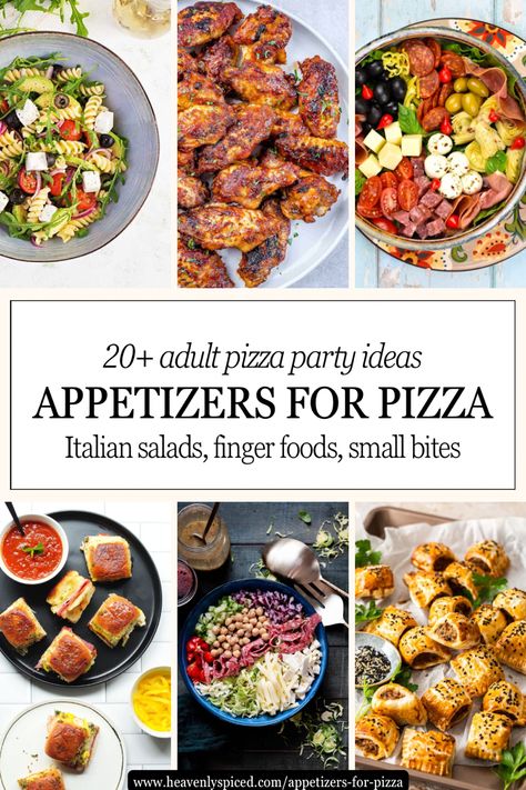 A collage of several appetizers for pizza photos. Apps For Pizza Party, Appetizers For Pizza Night, Pizza Appetizers Easy, Crispy Buffalo Wings, Italian Salads, Burrata Bruschetta, Antipasto Salad Recipe, Salad Italian, Wings Chicken