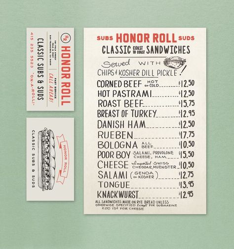 A business card and menu lie on a pale green background. In red text, the Honor Roll, Subs and Suds, Classic Coast to Coast Sandwiches logo, and then the list of offerings with illustrated sub sandwich. Menu Design Layout, Sandwich Menu, Menu Design Inspiration, Restaurant Identity, Vintage Menu, Honor Roll, Vintage Restaurant, Sandwich Shops, Restaurant Menu Design