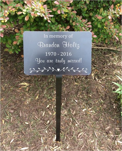 Personalized metal memorial plaques by stoneeffectsmd.etsy.com Engraved with your custom text. Made to order, Fast shipping. Vist our shop for more personalized gift ideas # metalmemorial #gravemarker #memorialtree #memorialgarden #metalyardsign #personalizedplaque #gardenmarker #treeplaque #metalplaque #plaquewithstake #stoneeffectsmd #memorialplaque #memorialsign #memorialmarker #outdoormemorial #memorialstake Memorial Garden Plaques, Memorial Tree, Memorial Markers, Personalized Plaques, Garden Plaques, Custom Plaques, Memory Tree, Engraved Plaque, Memorial Signs