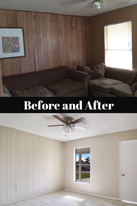 This 1970s Florida Ranch style home was renovated for sale. Existing wood panel wall was painted for a fresh look Vinyl Panels Walls, How To Update Wood Panel Walls, Vintage Home Renovation, Redone Wood Panel Walls, Wood Panel Walls Update, Painted 70s Paneling, Old Wood Panel Walls Makeover, 70s Wood Paneling Makeover, Reno Wood Paneling