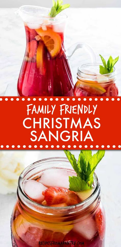 This Non Alcoholic Sangria Recipe is colourful, fun, easy to make, refreshing and perfect for any time of the year! This family-friendly Sangria Mocktail can be made ahead of time for super easy entertaining. Click through to get the awesome recipe!! #nonalcoholicsangria #sangriamocktail #virginsangria #sangriarecipe #nonalcoholicsangriawithcranberryjuice #mocktail #summerrecipes Non Achololic Sangria, Sangria Party Decorations, Nonalcoholic Christmas Sangria, Non Alcoholic Sangria Christmas, Drinks With Grenadine Non Alcoholic, How To Make Sangria Easy, Sangria Non Alcoholic Recipes, Mocktail Sangria Non Alcoholic, Non Alcoholic Christmas Sangria