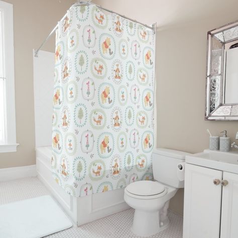 Winnie The Pooh Watercolor, Winnie The Pooh Cute, Winnie The Pooh Tigger, Childrens Bathroom, Animals Pattern, Unique Shower, Pink Curtains, Pastel Pattern, Custom Shower Curtains