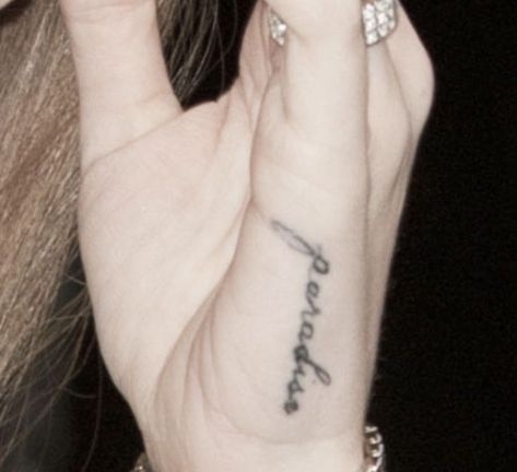 Lana Paradise Tattoo, Paradise Tattoo Lana Del Rey, Lana Del Rey Paradise Tattoo, Ldr Tattoo, Side Finger Tattoos, Teacher Tattoos, Hand Tattoo Images, Side Hand Tattoos, Purple Tattoos