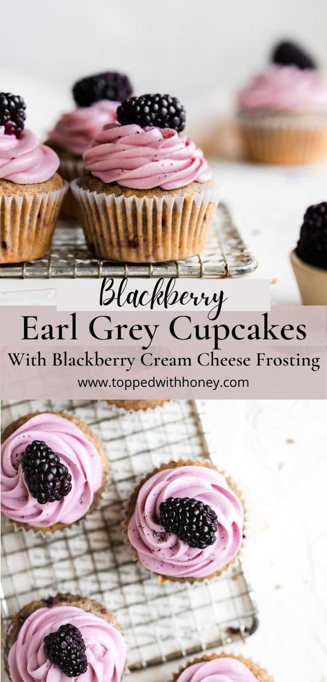 Blackberry Whipped Cream, Elegant Cupcake Flavors, Earl Grey Tea Cupcakes, Black Tea Cupcakes, Afternoon Tea Cupcakes, Mini Cupcakes For Tea Party, Tea Cake Flavors, Floral Flavored Cupcakes, Earl Grey Baked Goods