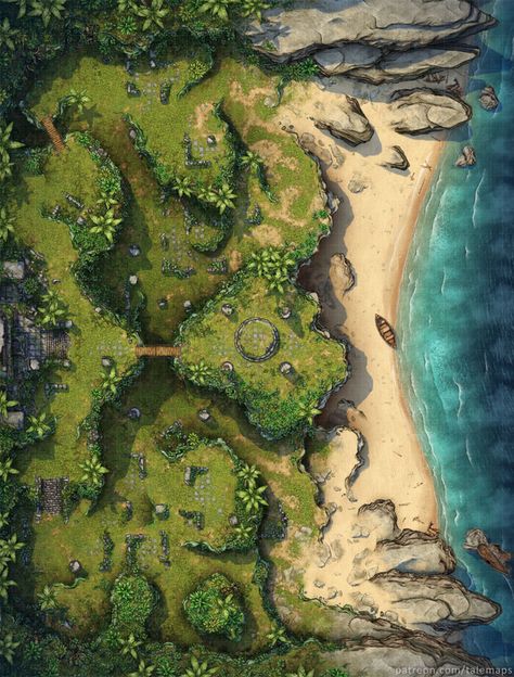 Beach [44x58] | Tale Maps on Patreon Coastal Druid, Dnd Island, Jungle Map, Fantastical Landscapes, Maps Rpg, Illustration Building, Evelynn League Of Legends, Dnd Battle Maps, Map Game