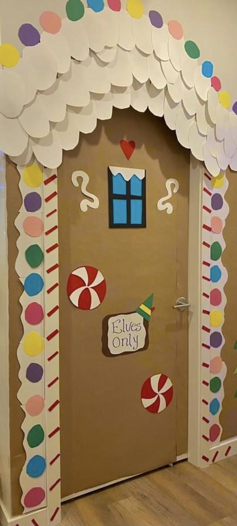 Christmas Door For Preschool, Elf Workshop Door Decorations, Elves Bulletin Board Ideas, Easy Christmas Classroom Decorations, North Pole Classroom Door, Christmas Door Decorations For School Preschool, Elf Door Decorations Classroom, Christmas Hallway Decorations School, Classroom Door Christmas Decorations