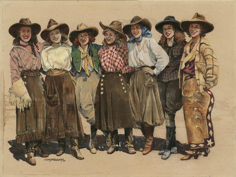 7-cowgirls--old-time-1920s-don-langeneckert Old Cowboy Outfits, Old Western Cowgirl, Old Western Outfits, 60s Cowgirl, Vintage Cowgirl Outfits, Old Western Outfits Women, Cowboy Vampire, Cowboy Paintings, Cowgirl Painting