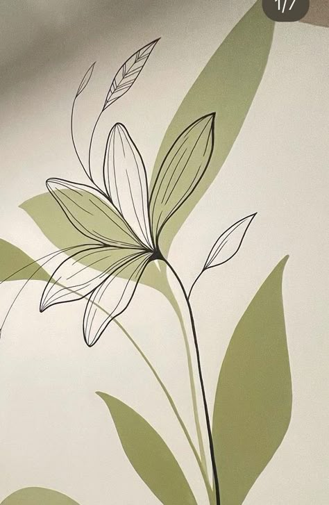 Wall Painting Ideas Leaves, Green Mural Painting, Bathroom Murals Painted, Floral Wall Mural Painting Diy, Simple Paint Designs On Wall, Floral Mural Painting, Wall Drawing Bedroom, Wall Murals Painted Diy, Leaf Mural