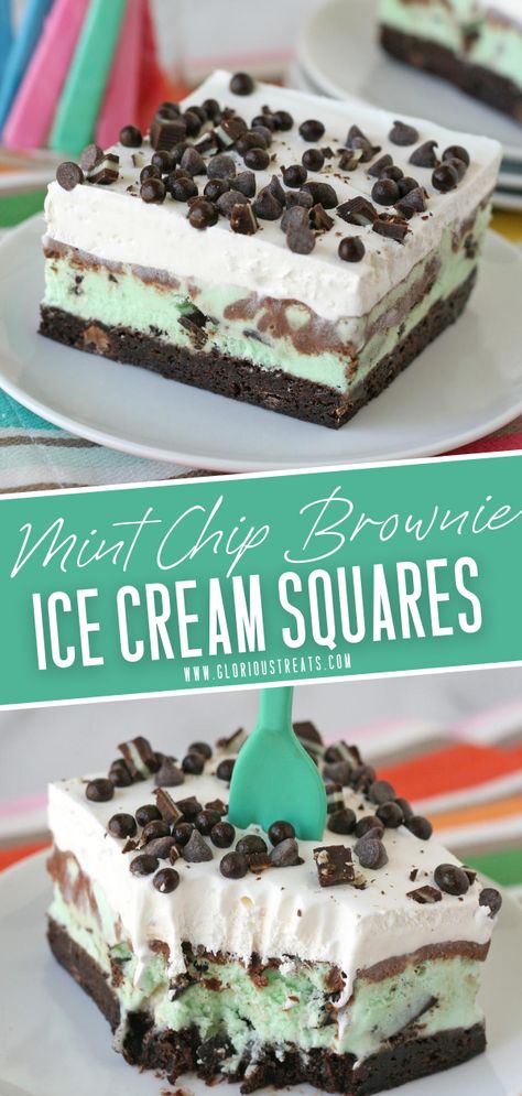 Mint Chip Brownie Ice Cream Squares are the perfect refreshing desserts! This homemade recipe combines our favorite sweet treats layered together to create an irresistible frozen pie. It's adult and kid-friendly, plus it can be made in advance! Save this mint dessert! Brownie Mint Ice Cream Cake, Homemade Mint Chocolate Chip Ice Cream Cake, Mint Ice Cream Pie Recipes, Mint Chocolate Chip Ice Cream Dessert, Oreo Mint Ice Cream Dessert, Mint Ice Cream Pie, Ice Cream Casserole, Mint Chip Ice Cream Cake, Mint Chip Recipes