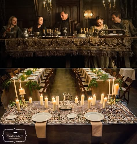 Game of Thrones - The head table was inspired by the tables at the Red Wedding. No worries, no one died at our wedding #GOT #GOTwedding #GameofThrones #wedding #GameofThroneswedding #ASongofIceandFire #Hammond Castle #Gloucester Wedding Ideas Table Settings, Game Of Thrones Wedding Theme, Game Of Thrones Table, Viking Wedding Ideas, Wedding Theme Games, Medieval Wedding Theme, Game Of Thrones Decor, Table Decorations Party, Game Of Thrones Wedding