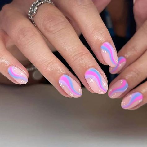 Purple Pink And White Nails, Bi Nails, Pink Swirl Nails, Nails For Short Nails, Multicoloured Nails, Swirl Nail Designs, Purple And Pink Nails, Swirl Nail, Pink Tip Nails