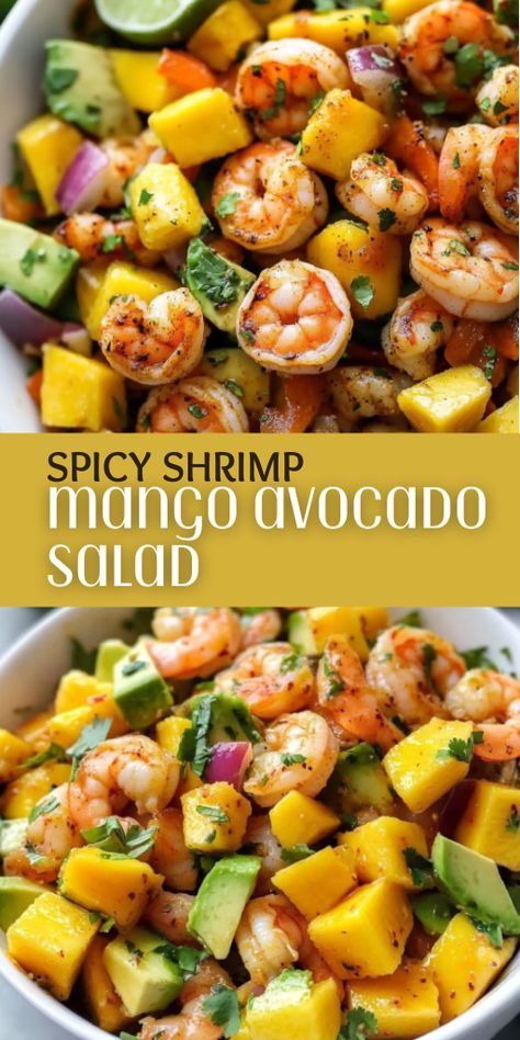 Refreshing and bold! 🥭🦐🥑 This Spicy Shrimp Mango Avocado Salad is a flavor explosion perfect for summer meals or light lunches. Packed with protein, fresh veggies, and sweet mango. #ShrimpSalad #HealthyEating #QuickLunchIdeas Shrimp Mango Avocado Salad, Mango Avocado Salad Recipe, Mango Shrimp Salad, Mango And Avocado Salad, Avocado Mango Salad, Avocado Shrimp Salad, Summer Produce Recipes, Shrimp Mango, Fresh Summer Recipes