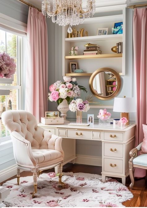 Designers Workspace, Trendy Office Space, Cozy Desk Space, Modern Home Office For Women, Pink Office Ideas, Feminine Home Office Classy, Womens Home Office Ideas, Feminine Home Office Ideas, Workspace At Home