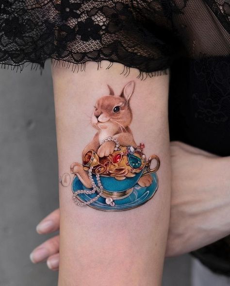 Tattoodo on Instagram: “Sweet bunny tea party ☕️🧁🐰💖 from @newtattoo_neuneu at @newtattoo_studio in Beijing, China #TATTOODO” | Tatoo, Colorida, Instagram Bunny Tea Party, Hase Tattoos, Jewelry Tattoo Designs, Small Neck Tattoos, Tattoo Time, Kunst Tattoos, Bunny Watercolor, Studio Tattoo, Bunny Tattoos