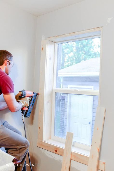 Are you wondering how to install window trim? Use this DIY tutorial to add interior trim to your home on a budget. #twofeetfirst #window Framing A Window Diy, How To Trim A Window Inside, How To Add A Window Sill, Simple Craftsman Window Trim, Raw Wood Window Trim, Window Casing Diy, How To Frame A Window With Molding, Window Trim Without Sill, How To Trim A Window