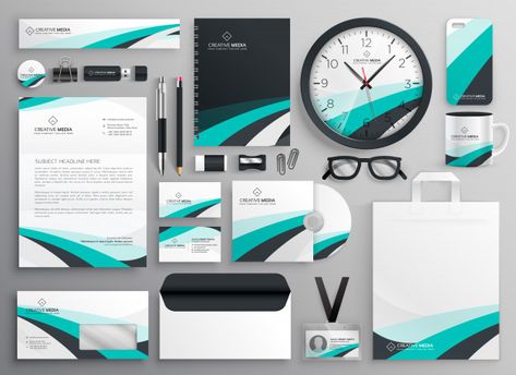 big set of business stationery items Free Vector Stationery Set Design, Fashion Sale Poster, Company Letterhead Template, Healthcare Branding, Company Letterhead, Stationary Branding, Corporate Stationery, Business Brochure Design, Collateral Design