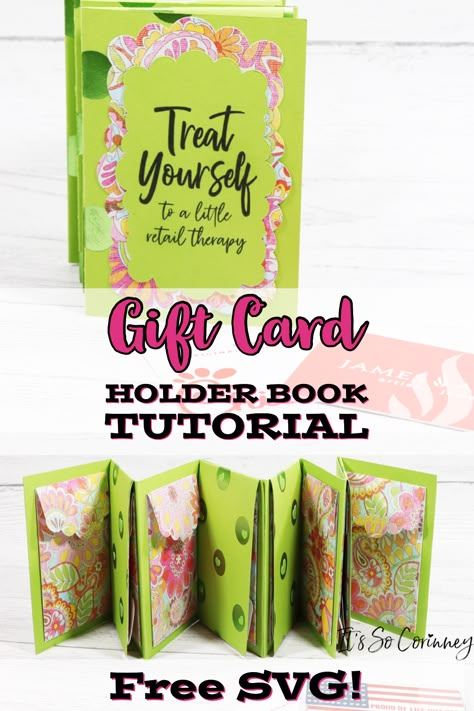 Looking for a cute way to give multiple gift cards as a gift? Then check out this easy to make DIY gift card holder book tutorial and free SVGs! This cute gift card holder book is a unique way to dress up giving gift cards! #cricut #homemade #crafts Gift Card Envelope Design, Gift Card Wallet Diy, Gift Card Booklet Ideas, Creative Ways To Gift Gift Cards, Diy Gift Card Holder Ideas Paper Crafts, Diy Gift Card Book Ideas, Gift Card Book Ideas For Christmas, Gift Card Presentation For Men, Giftcard Present Book