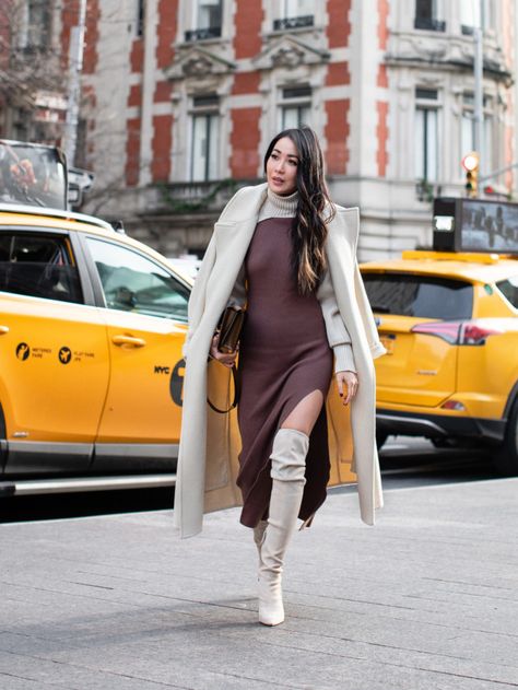 Sapphire Lines :: High collar trench & Peplum hem - Wendy's Lookbook Wendy Nguyen, Wendy's Lookbook, Flare Sleeve Sweater, Turtleneck Midi Dress, Sweater Dress Outfit, Sweater Maxi Dress, Ankle Length Dress, Classic Sweater, Tan Dresses