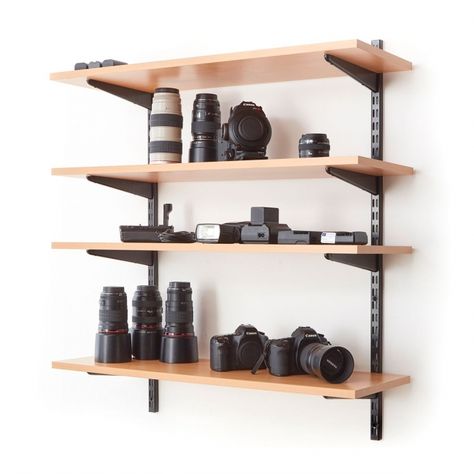 Slot Shelving, Wall Mounted Shelving, Black Shelf Brackets, Plasterboard Wall, Space Clearing, Black Shelves, Shelving Systems, Shelf Brackets, Wall Mounted Shelves