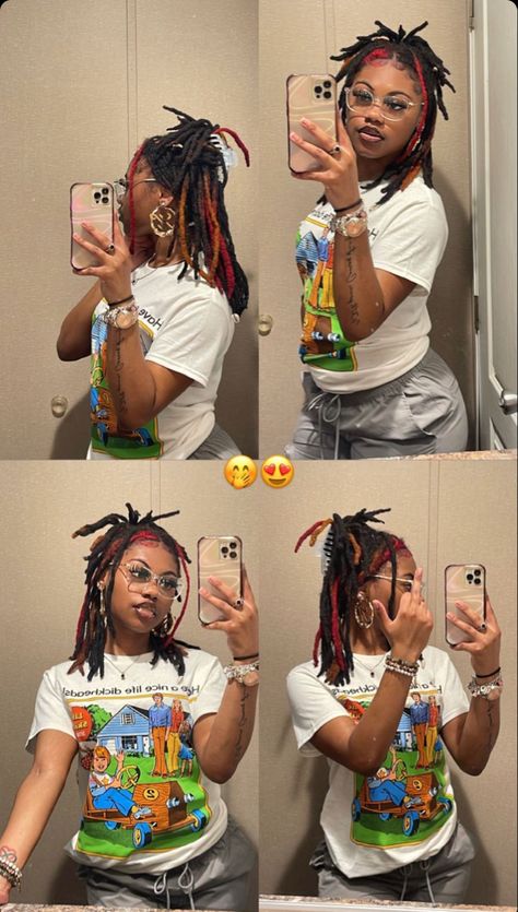 Grunge Locs Hairstyles, Locs Black Women Curly Ends, Colored Short Locs, Died Dread Locks, Hairstyles With Shells, Retwist Styles For Short Locs Women, Loc Styles Retwist, Lox Journey, Color Locs Black Women