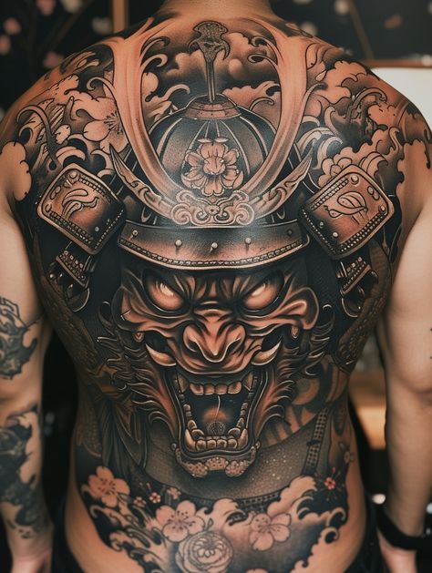 Image Samurai Back Tattoo, Back Piece Tattoo Men, Samurai Tattoo Sleeve, Japanese Back Tattoo, Japanese Tattoos For Men, Oni Tattoo, Full Tattoo, Gangsta Tattoos, Back Piece Tattoo