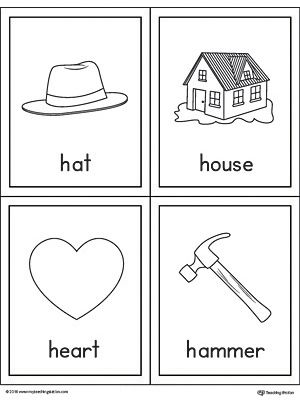 Beginning sound vocabulary cards for letter H includes the words hat, house, heart, and hammer. Letter H Words, Letter H Activities, Word Family Reading, Kindergarten Vocabulary, Preschool Color Activities, Letter Flashcards, Vocabulary Flash Cards, Prek Classroom, Abc Flashcards