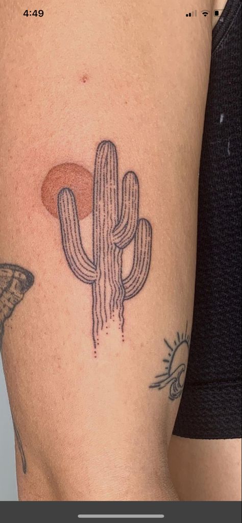 Cactus Spine Tattoo, Cactus Back Tattoo, Cactus Leg Tattoo, Southwest Tattoo Ideas, Cactus Scene Tattoo, Black Cactus Tattoo, Cactus Line Tattoo, Cactus Stamp Tattoo, Arizona Landscape Tattoo