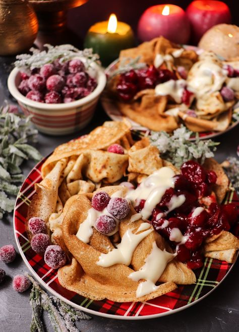 Christmas Crepes with Cranberry Sauce (Festive Breakfast or Brunch) Christmas Crepes, Crepe Filling, Festive Breakfast, Honey Pancakes, Easy Cranberry Sauce, White Chocolate Sauce, Cranberry Sauce Recipe, White Chocolate Cranberry, Easy Cream