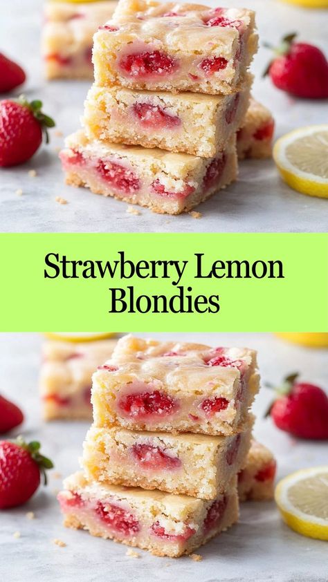 Elevate your dessert game with these irresistible Strawberry Lemon Blondies—soft, chewy, and full of fruity goodness! 😍🍓 #LemonLover #StrawberryDelight #DessertMagic #ChewyGoodness #BakingJoy #FruitFusion #TangyTwist #SpringTreats #DessertAddict #BlondieHeaven 🍓🍋 Strawberry Lemon Blondies, Strawberry Blondies, Creative Dessert Ideas, Lemon Ideas, Lemon Blondies, Easy Thanksgiving Recipes, Comfort Desserts, Blondies Recipe, Dessert Bar Recipe