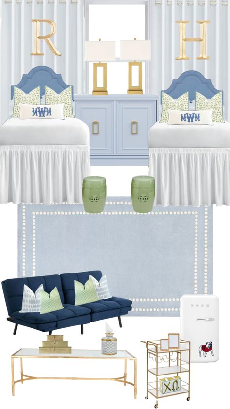 Green & blue dorm room Blue And Green Dorm Room, Navy Dorm Room, Sorority Dorm Room, Green Dorm Room, Sorority House Rooms, Blue Dorm Room, Dorm Room Themes, Blue Dorm, Preppy Dorm Room