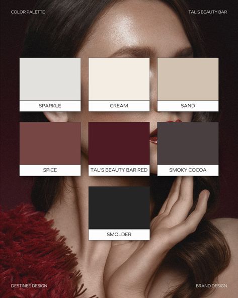 Discover the stunning color palette designed for Tal's Beauty Bar! Beauty businesses seeking brand & web design, if you're ready to redefine your brand, explore our expertise in crafting personalized brand identities. Contact us now to inquire about reshaping your brand and leaving an enduring impression in the beauty industry. Let us bring your unique vision to life with a distinct and cohesive brand design for a memorable presence. Lux Color Palette, Color Pallets With Red, Dark Muted Color Palette, Sultry Color Palette, Red Wine Colour Palette, Dark Luxury Color Palette, Deep Burgundy Color Palette, Moody Red Color Palette, Burgundy Graphic Design