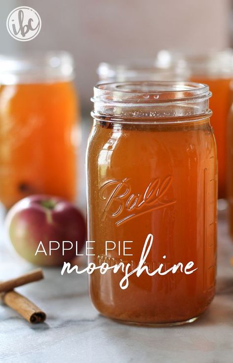 Apple Pie Moonshine | 1 gallon apple cider, 1 gallon apple juice, 2 cups white sugar, 2 cups brown sugar, 6 cinnamon sticks (plus more for garnish), 1 teaspoon apple pie spice, 1 (750 ml) bottle grain alcohol, 190 proof (Everclear), 1 (750 ml) bottle vodka. Makes 10 quarts. Give 4 weeks storage time in fridge before serving Apple Pie Hooch, Apple Pie Drink, Apple Pie Moonshine Recipe, Recipe For Apple Pie, Moonshine Recipe, Sliced Lemon, Apple Pie Moonshine, Chicken Honey, Homemade Liquor