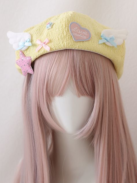 This price is for a beret and a free star hairclip only, others are not included. SizeFree SizeHead Circumference54-58 Pastel Beret, Hairclip Aesthetic, Kawaii Hats, Decora Kei Fashion, Yellow Beret, Micro Pig, Beret Outfit, Kei Jewelry, Rainbow Kawaii