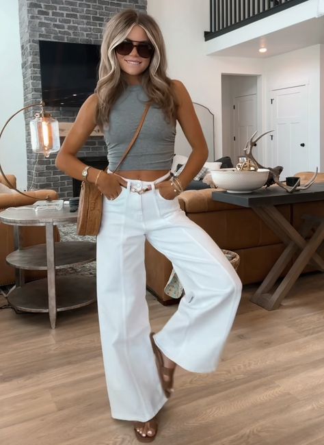 Cabo Style Outfit Ideas, European Vacation Outfits Summer, Chic White Tank Top For Beach, Chic Spring Beach Tank Top, Chic White Tank Top For Beach Season, Tampa Florida Outfits, White High-waist Pants For Beach Season, Summer Straight-leg Vacation Pants, Khaki And White Outfits