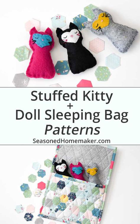 The cutest little DIY stuffed kitten pattern that fits in a child's pocket. A FREE Doll Sleeping Bag and Stuffed animal pattern that young children will adore. #plushtoys #stuffedkittenpattern #easysewing #handsewing #easyquiltproject #sewingforkids #sewingkidstoys #felttoys #stuffedkitty #DIYplushies Doll Sleeping Bag Pattern, Baby Sewing Tutorials, Sewing Animals, Animal Sleeping Bag, Sleeping Bag Pattern, Trailers Vintage, Animals Crafts, Diy Plush, Stuffed Animal Pattern