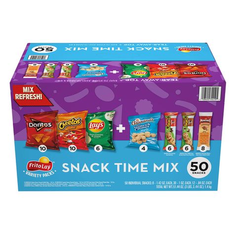 The Frito-Lay Snack Time Mix Variety Pack provides the perfect portion size and variety to keep your entire family happy. No matter what the occasion, from the pantry, to your next party with friends, to the lunch box, all you have to do is grab a pack and go! With your favorite varieties of Doritos, Cheetos, Lay's, Munchies, Grandma's and Quaker Chewy items included in this mix, there are chips and snacks for everyone to enjoy. In this pack, you'll find a classic variety that has pleased taste buds for years. The individually wrapped bags are great for snacking on the go. Sams Club Shopping, Snack Organizer, Frito Lay, Freebies By Mail, Grocery Haul, Art And Craft Materials, Sleepover Food, Grocery Items, Snack Packs