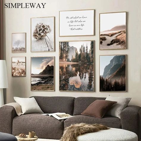 Nature Gallery Wall Ideas, Home Decor Pictures Wall Art Ideas, Paintings For Home Decor Canvases, Landscape Picture Wall, Forest Theme House Decor, Nature Wall Art Living Room, Nature Wall Art Prints, Mountain Theme Living Room, Nature Prints Wall Decor