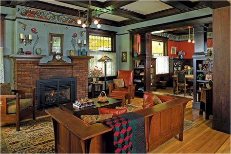 Arts And Crafts Living Room, Arts And Crafts Interior Design, Arts And Crafts Interiors, Craftsman Homes, Craftsman Interior, Gustav Stickley, Plans Architecture, House Outdoor, Arts And Crafts Furniture