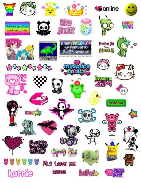 2000s Scene Wallpaper Laptop, 2000 Scene Aesthetic, Scene Stickers Emo, Scene Kid Art Style, Scene Drawings 2000s, Emo Aesthetic Drawings, Scenecore Stickers, Scenecore Png, Scene Core Pfp