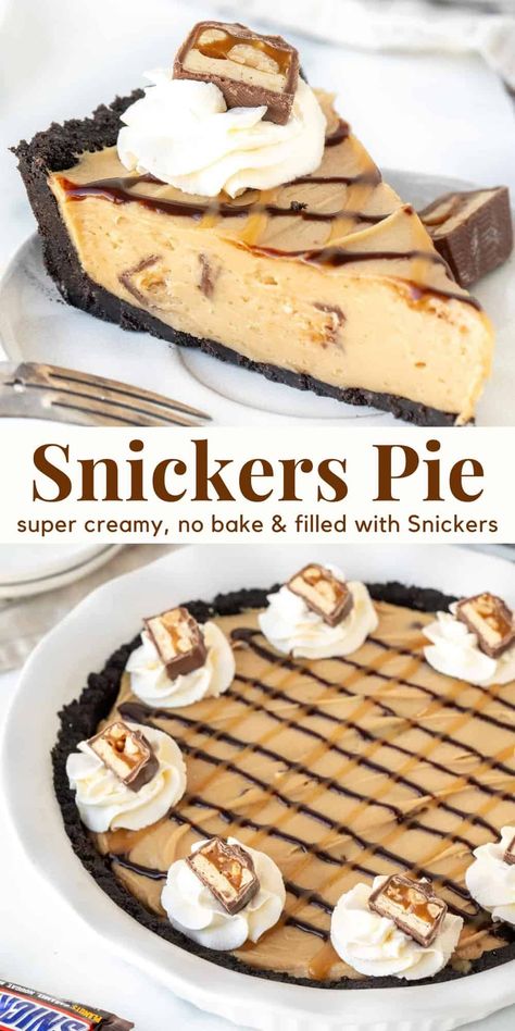 This no-bake Snickers pie is super creamy with a delicious peanut butter and caramel flavor, Oreo cookie crust, and chopped Snickers bars throughout. It's incredibly simple to make and has everything you love about a Snickers bar. #snickerspie #nobakepie #snickersbarpie #pie #peanutbutterpie #caramelpie from Just So Tasty Snickers Pie No Bake, Twinkie Desserts, Snickers Dessert, Snickers Pie, Christmas Sweet Treats, Individual Pies, Oreo Cookie Crust, Homemade Snickers, Snickers Bar