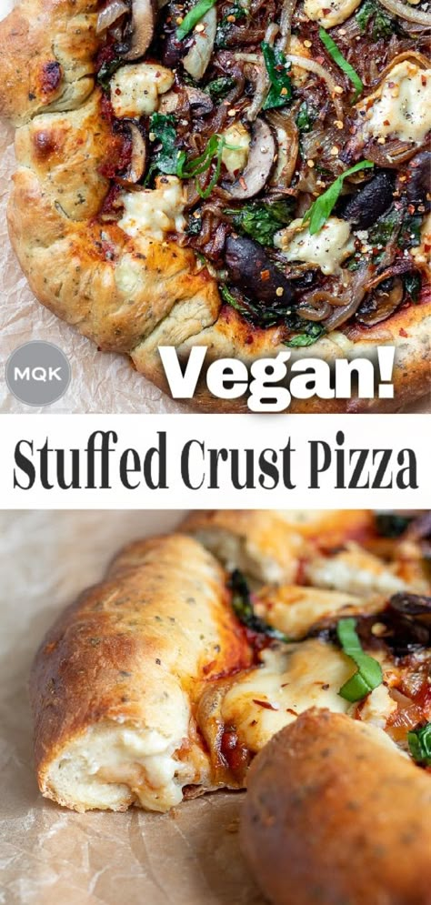 Vegan Diner, Stuffed Crust Pizza, Vegetarian Pizza Recipe, Homemade Mozzarella, Mushrooms And Spinach, Pizza Vegana, Vegan Pizza Recipe, Stuffed Crust, Vegetarian Pizza