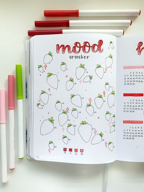 Bujo Strawberry Theme, Strawberry Mood Tracker, Strawberry Bullet Journal, Bullet Journal Topics, Journal June, Bullet Journal Contents, Strawberry Theme, Bullet Journal Ideas Templates, Bullet Journal Notes